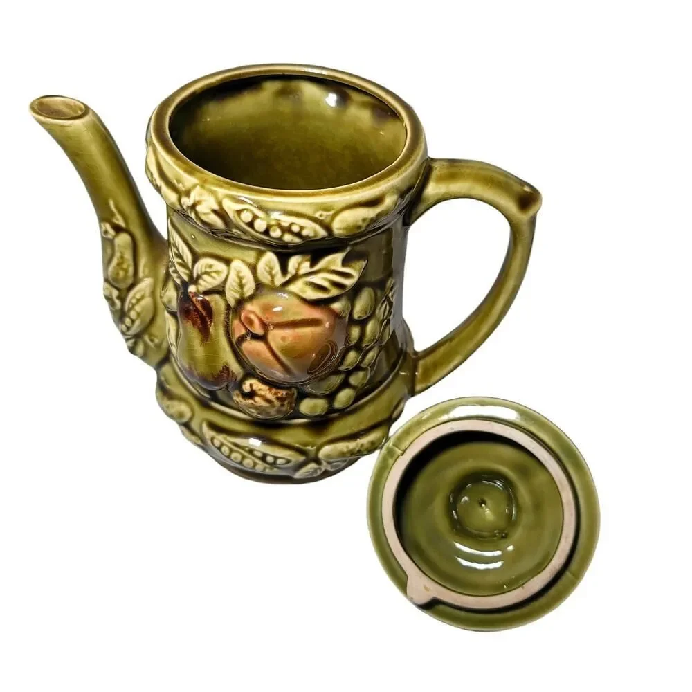 Vintage Ceramic Olive Green Teapot Fruit Veggies Decor Made in Japan‎